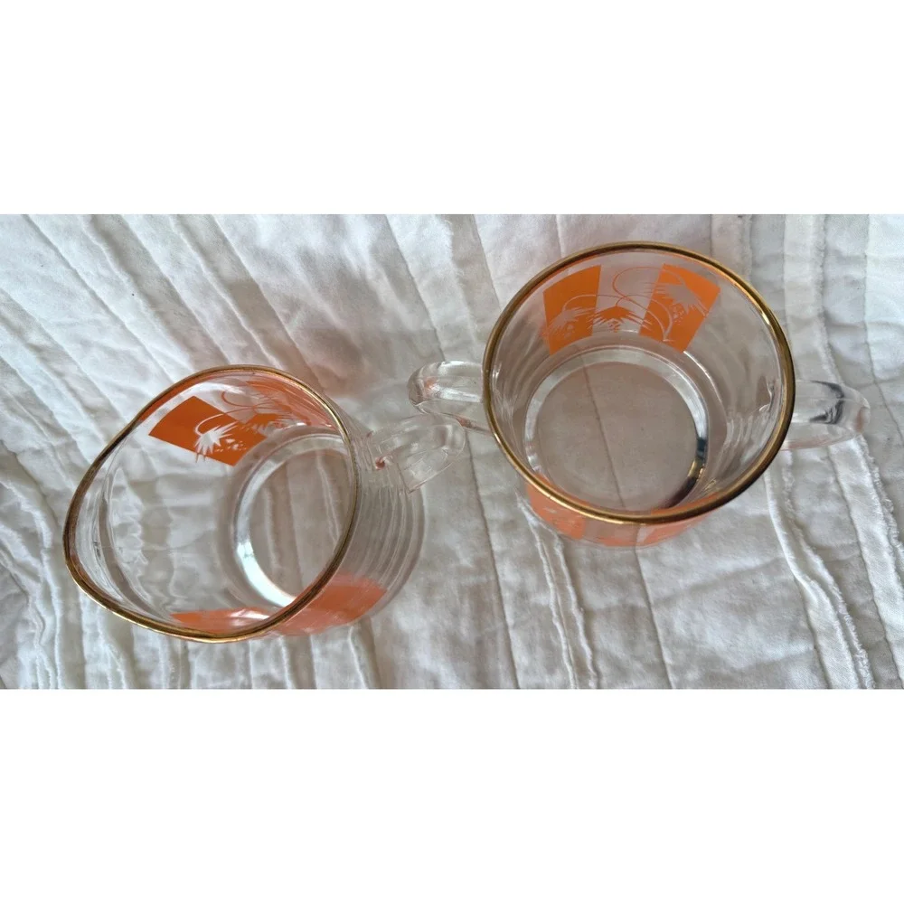 Vintage Creamer Sugar Set Orange White Floral Gold Trim Retro MCM Glassware Mod